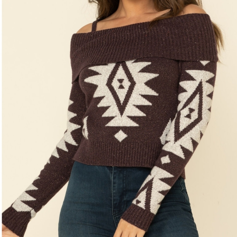 STUNNING SHYANNE AZTEC FRINGE OFF SHOULDER SWEATER
